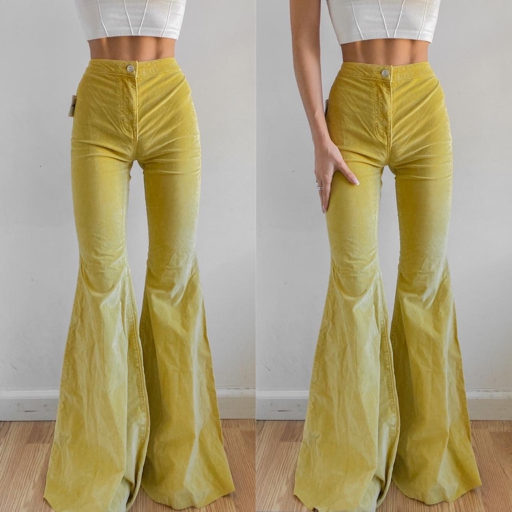 Free People Yellow Gold VELVET Just Float On Flare Bell Bottoms Jeans Pants 26